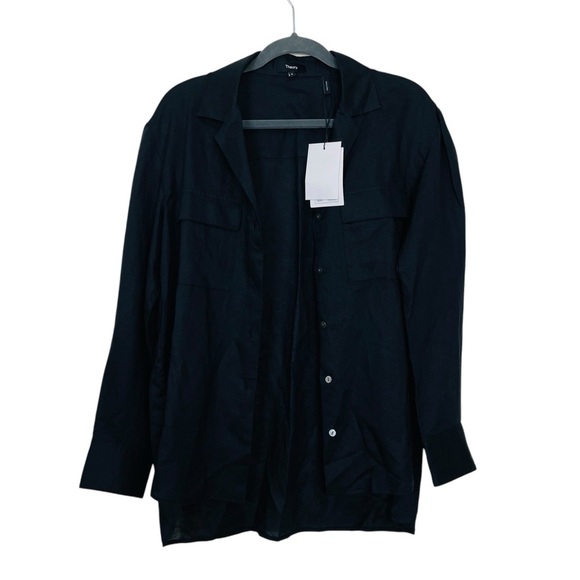 Theory NEW Women's Linen Notch Black Shirt - Picture 9 of 11